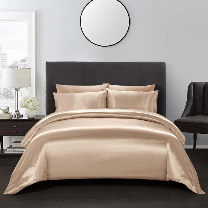 AiMay 3 Piece Satin Duvet Cover Set Bedding Sets Luxury Rich Silk Silky Super Soft Solid Color Reversible Stain-Resistant Wrinkle Free (Queen, Taupe) - Image 1